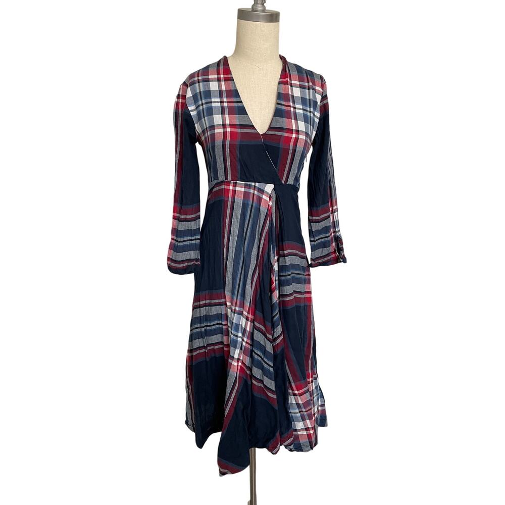 Isabella Sinclair Anthropologie Navy Red Tartan Plaid Midi Dress XS